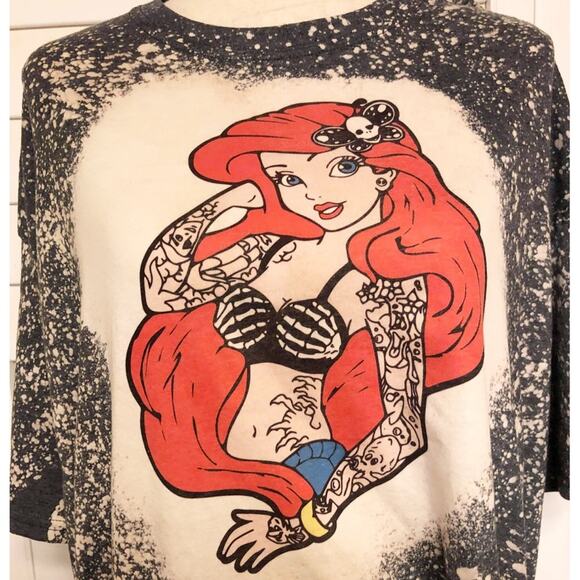 Little Mermaid Tattoo Ariel Bleach Dye Handmade Graphic Tee - Picture 1 of 5
